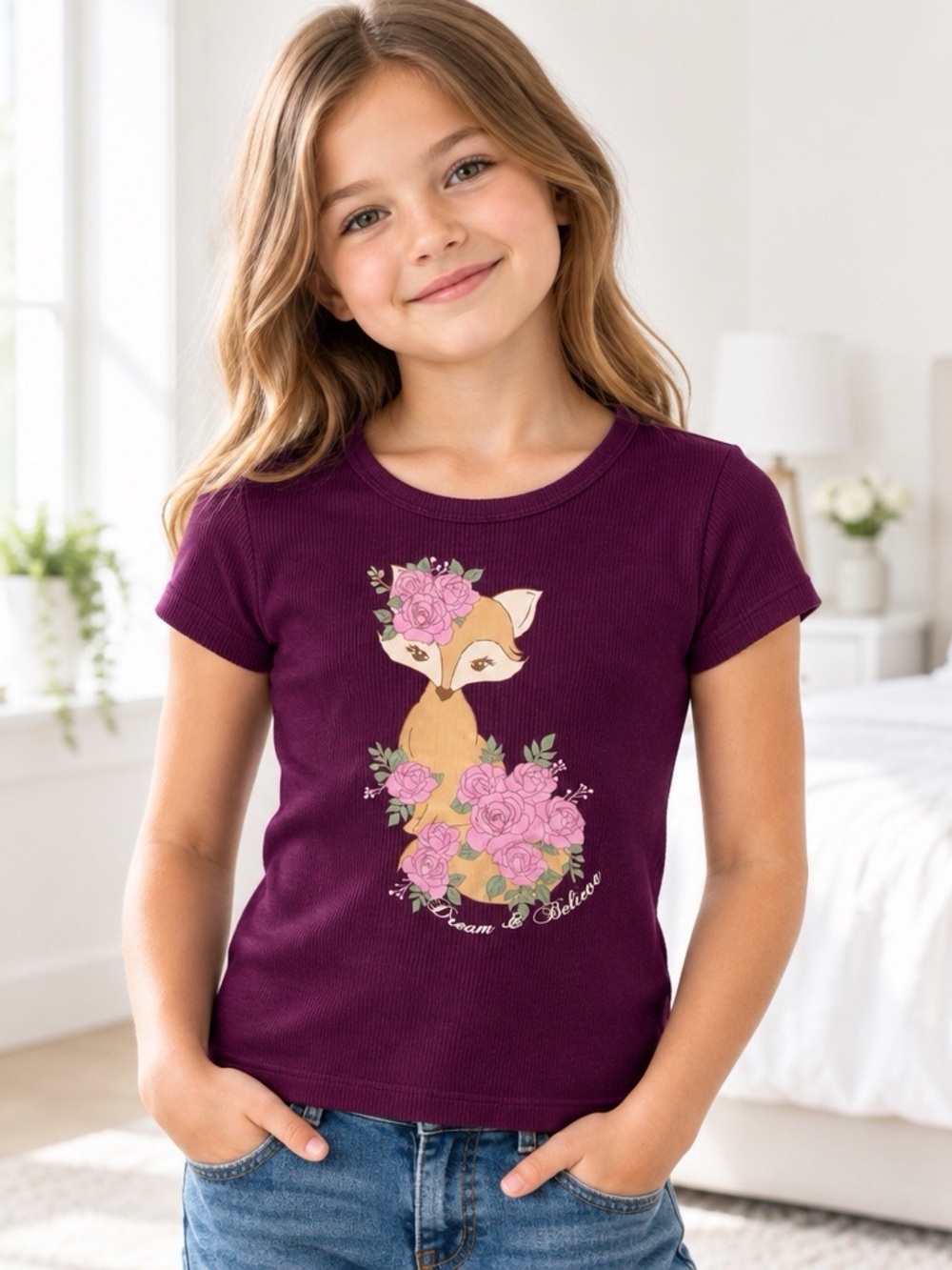Beautees by Amy Byer Girls 7/8 Burgundy Fox Floral Ribbed Graphic Top